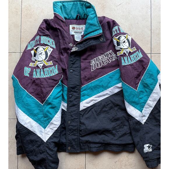 Anaheim Mighty Ducks 90s STARTER puffer LOGOS jacket S purple blk NHL hockey vtg - Picture 2 of 11